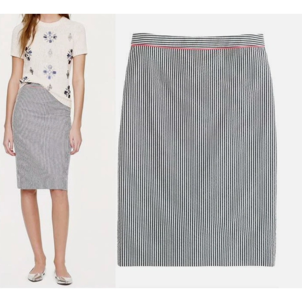 J.Crew No. 2 Pencil Skirt 6 Navy White Striped Seersucker Pink Trim 45929